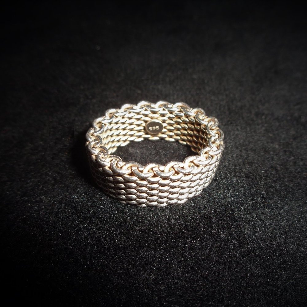 Sterling Silver 925 Chainlink Woven Weave Mesh 8mm Wide Band Ring Size 5